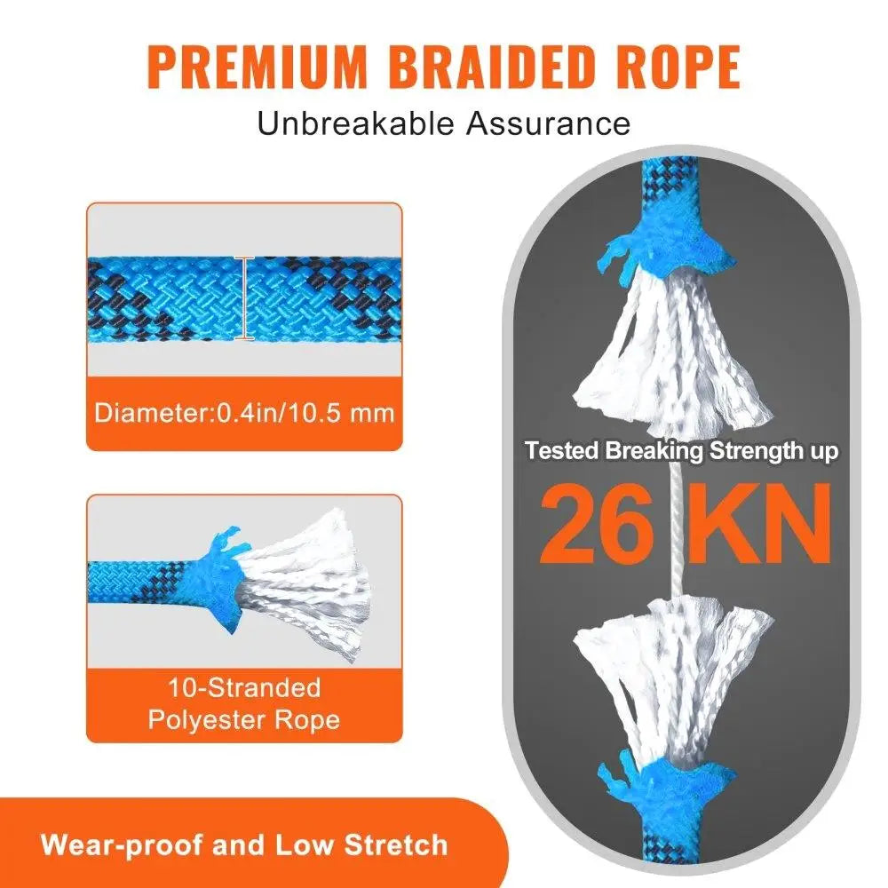64ft Static Climbing Rope 26KN High Strength Safety Rope with Carabiners