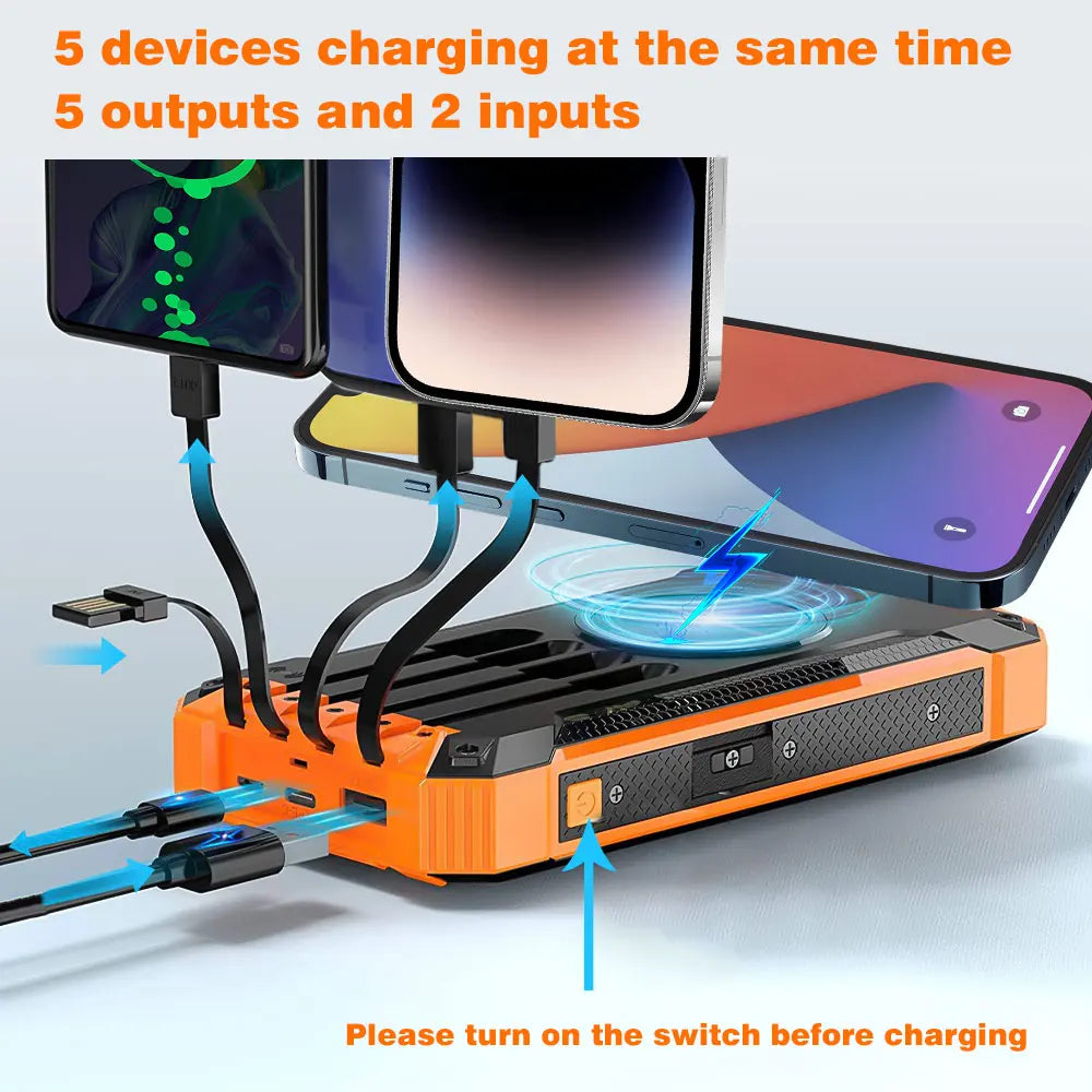 Solar Power Bank Ultra Large Capacity 4 in 1 Fast Charging with Built in Cables