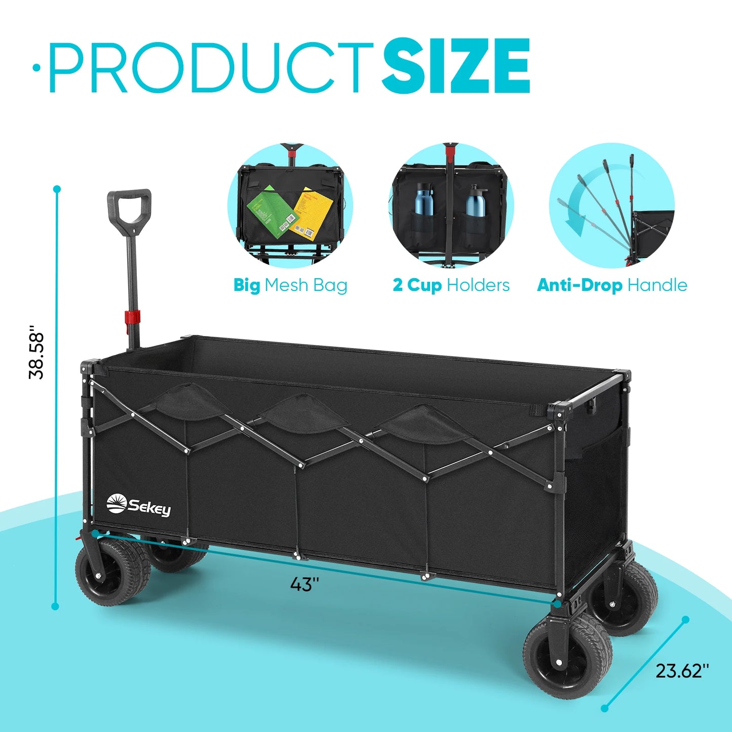 440 Pounds Collapsible Beach Wagon Extra Long 43 Inch Folding Cart Heavy Duty