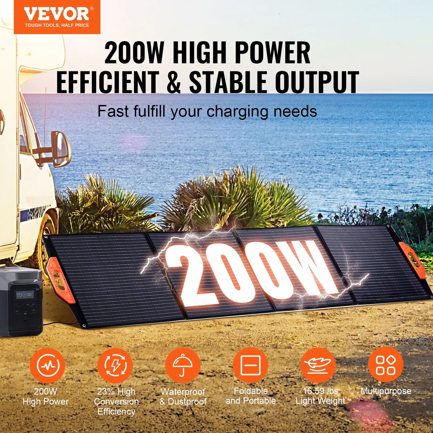 VEVOR Portable 200W Monocrystalline Solar Panel for Camping and Hiking