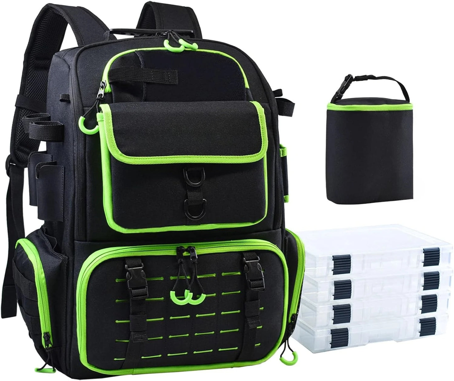 Fishing Tackle Backpack with Rod Holders Tackle Boxes Rain Cover and Insulated Bag