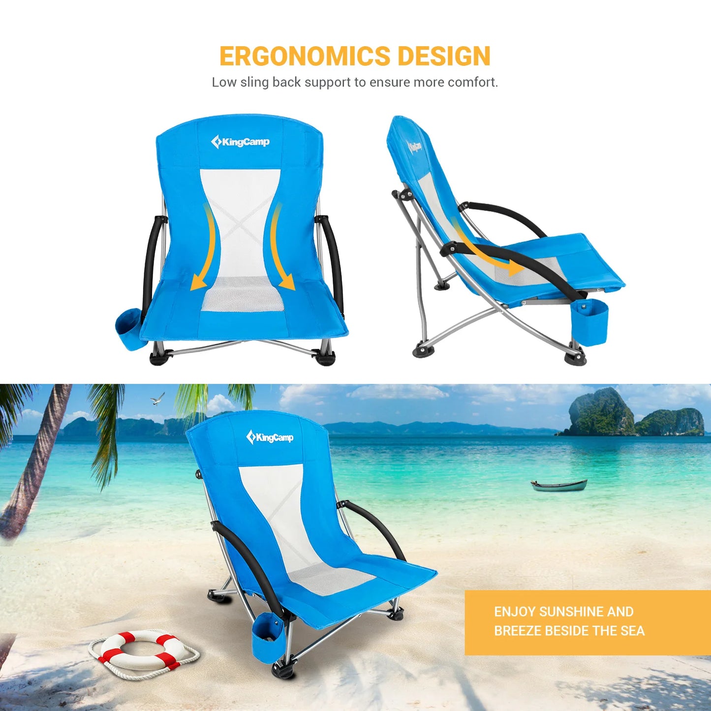 KingCamp Low Seat Folding Beach Chair with Armrests and Cup Holder
