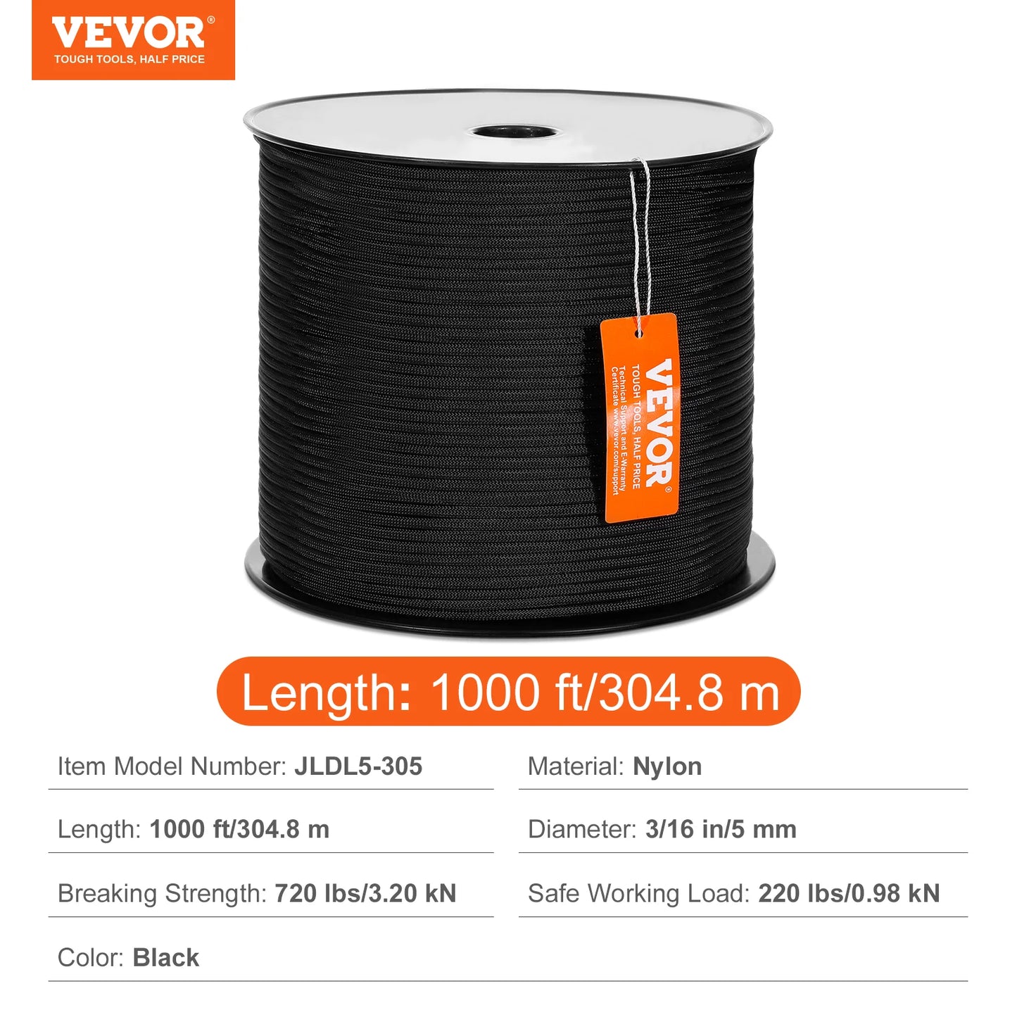 VEVOR 3/16 Inch Nylon Cord 250/1000ft Multi-Purpose Rope for Outdoor Use