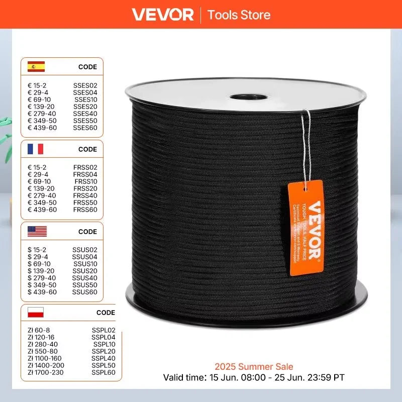 VEVOR 3/16 Inch Nylon Cord 250/1000ft Multi-Purpose Rope for Outdoor Use