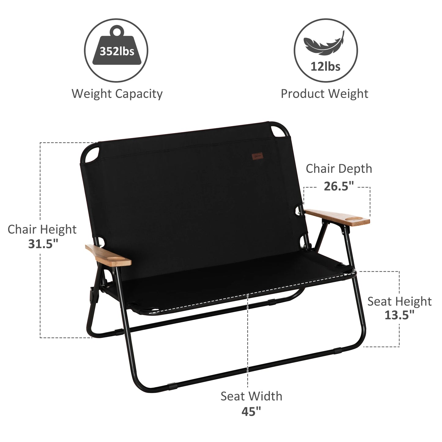 Double Folding Loveseat Camping Chair with Armrests and Cup Holder Black