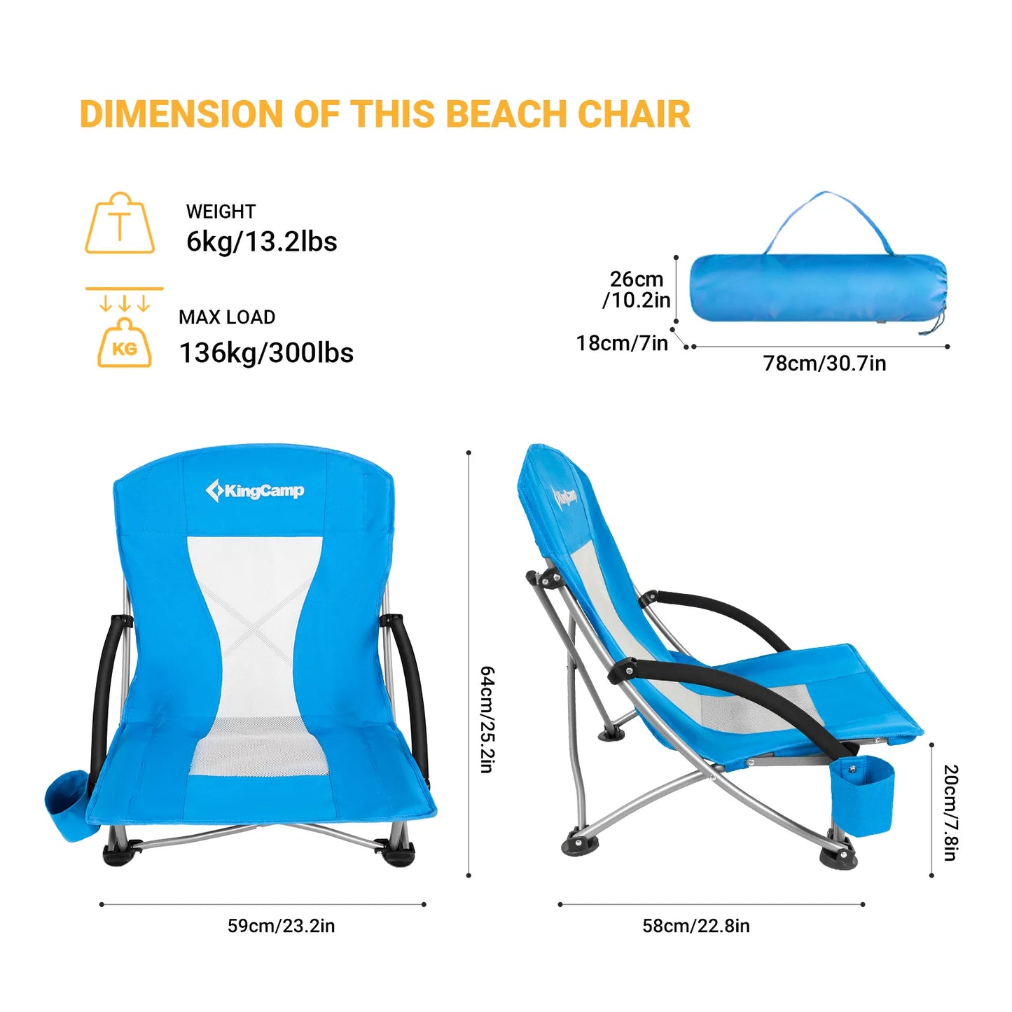 KingCamp Low Seat Folding Beach Chair with Armrests and Cup Holder