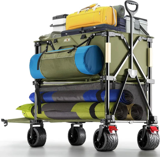400L Foldable Double Decker Wagon All Terrain Collapsible Cart with Big Wheels
