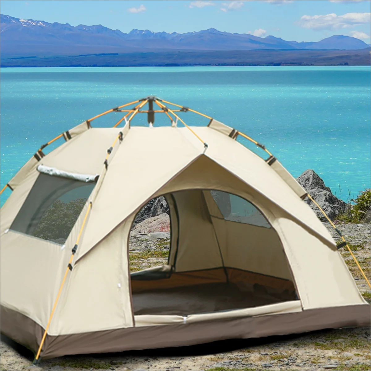 Outdoor Sunshade Camping Tent with Two Doors and Windows for 3-4 People