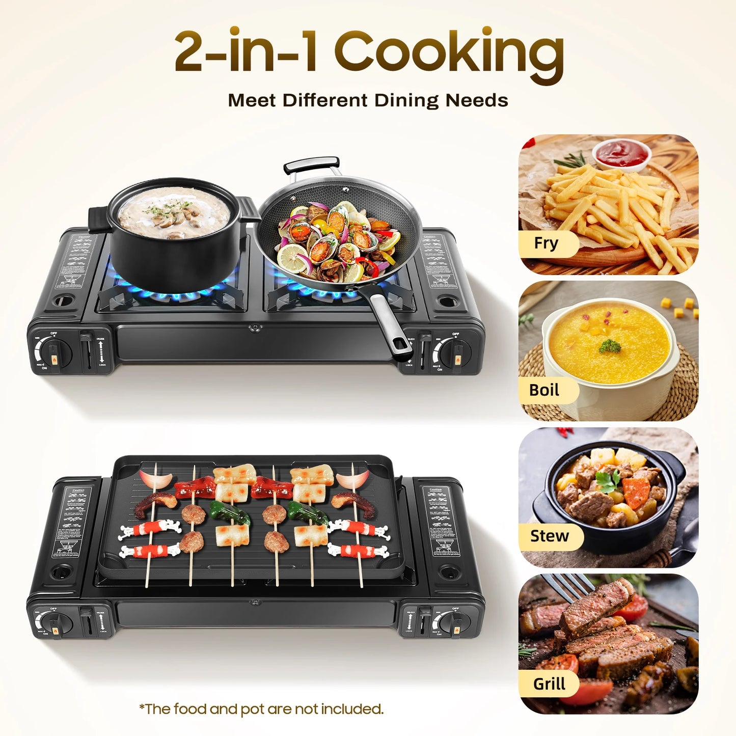 Portable Dual Burner Camping Stove with Grill Tray and Storage Case for Outdoor Cooking