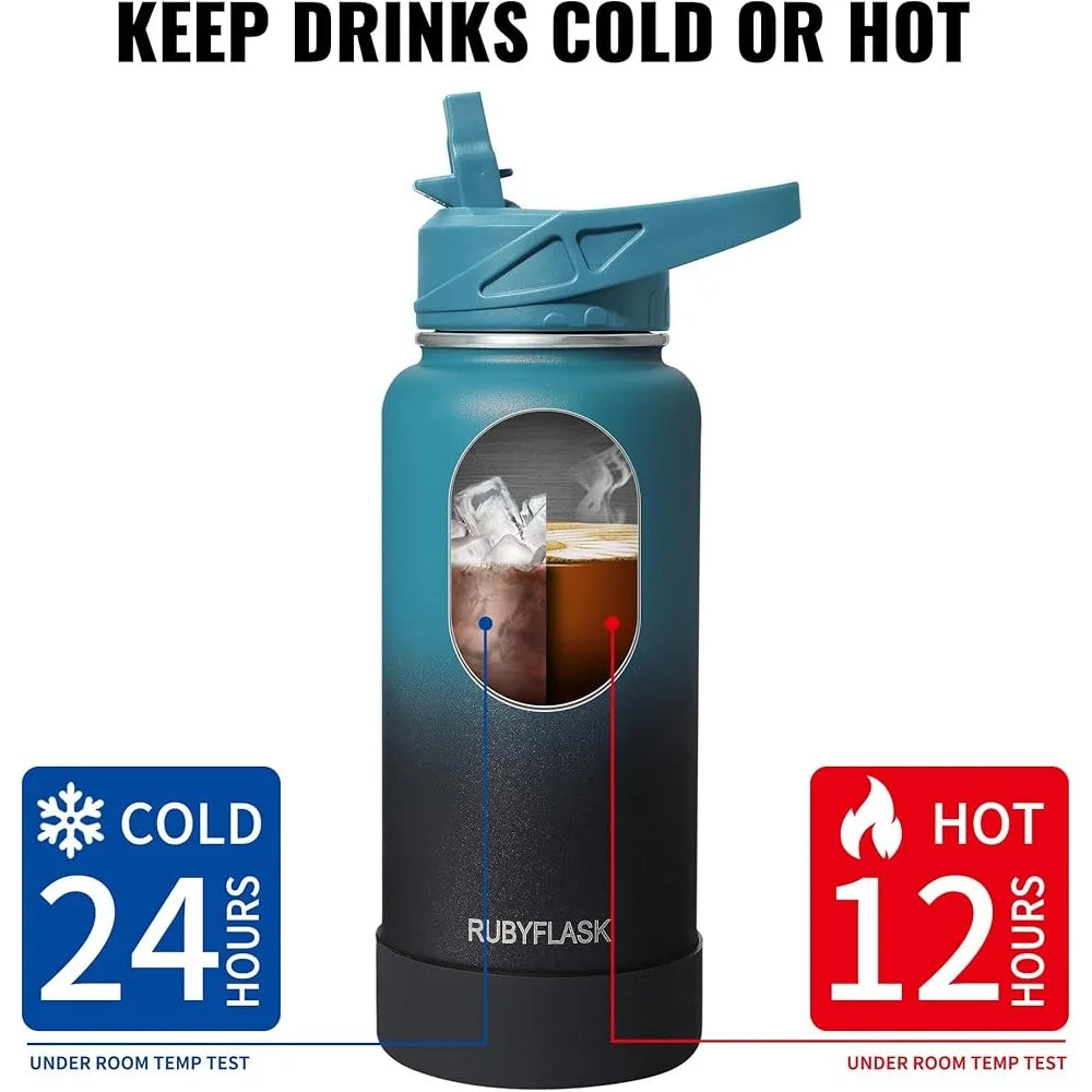32oz Insulated Stainless Steel Water Bottle with Straw and Leakproof Lids