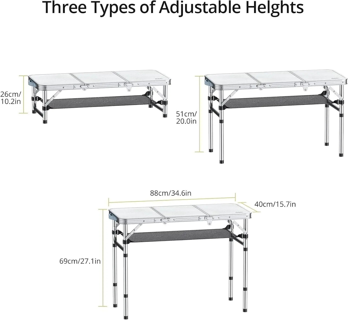Portable 3ft Folding Camping Table with Adjustable Height and Storage Net