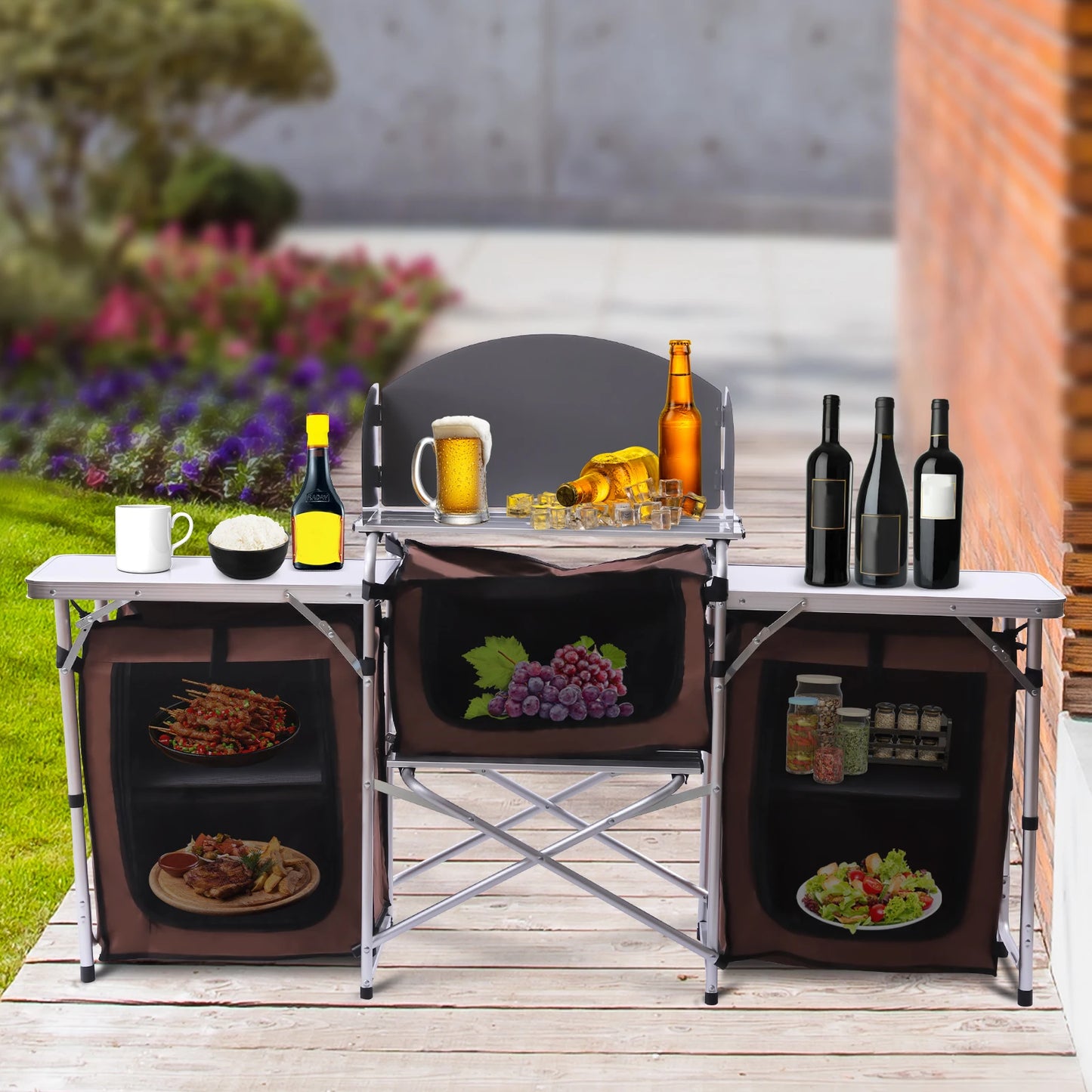 Folding Camping Kitchen Table with Storage and Portable Side Tables