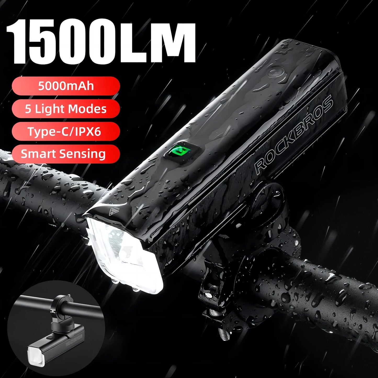Rockbros 1500LM Type C Bicycle Light with Temperature Control and IPX6 Rating