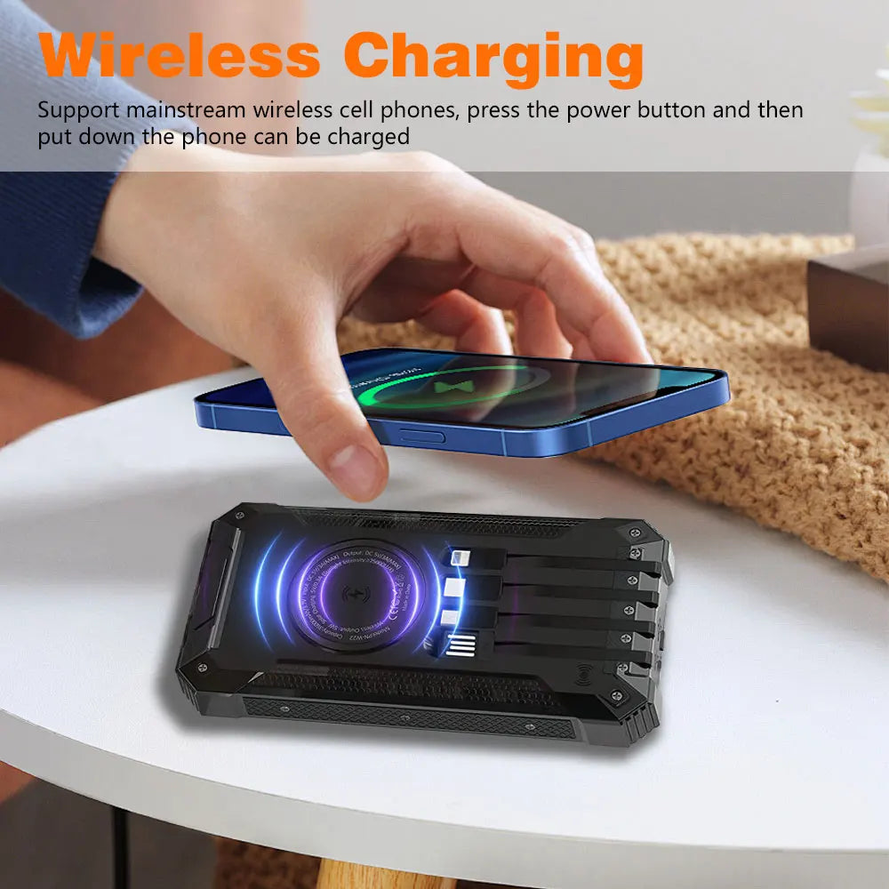 Solar Power Bank Ultra Large Capacity 4 in 1 Fast Charging with Built in Cables