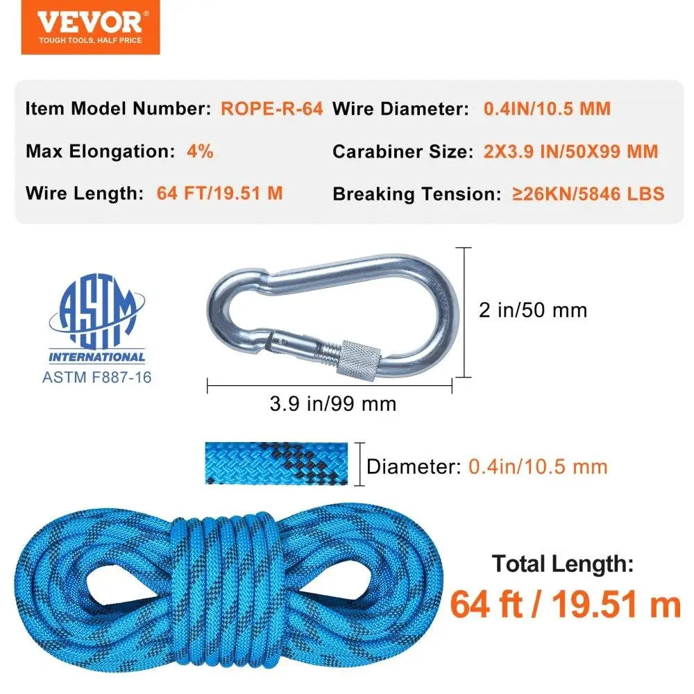 64ft Static Climbing Rope 26KN High Strength Safety Rope with Carabiners