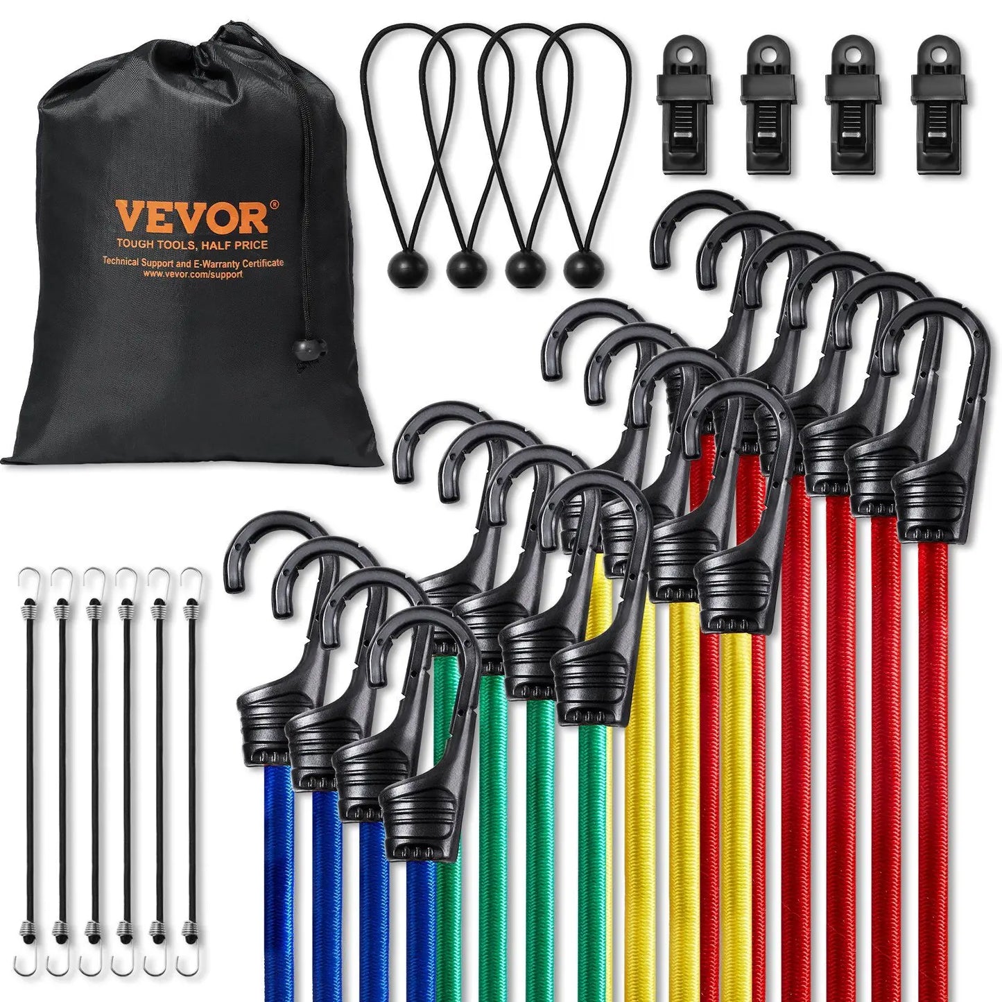 32 Piece Heavy Duty Bungee Cords Set with A3 Steel Hooks for Secure Storage