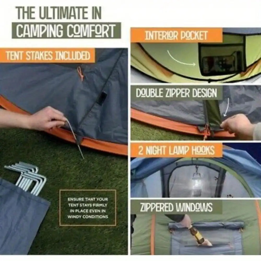 4-Person Easy Pop Up Camping Tent with 2 Doors and UPF50 Waterproof Features