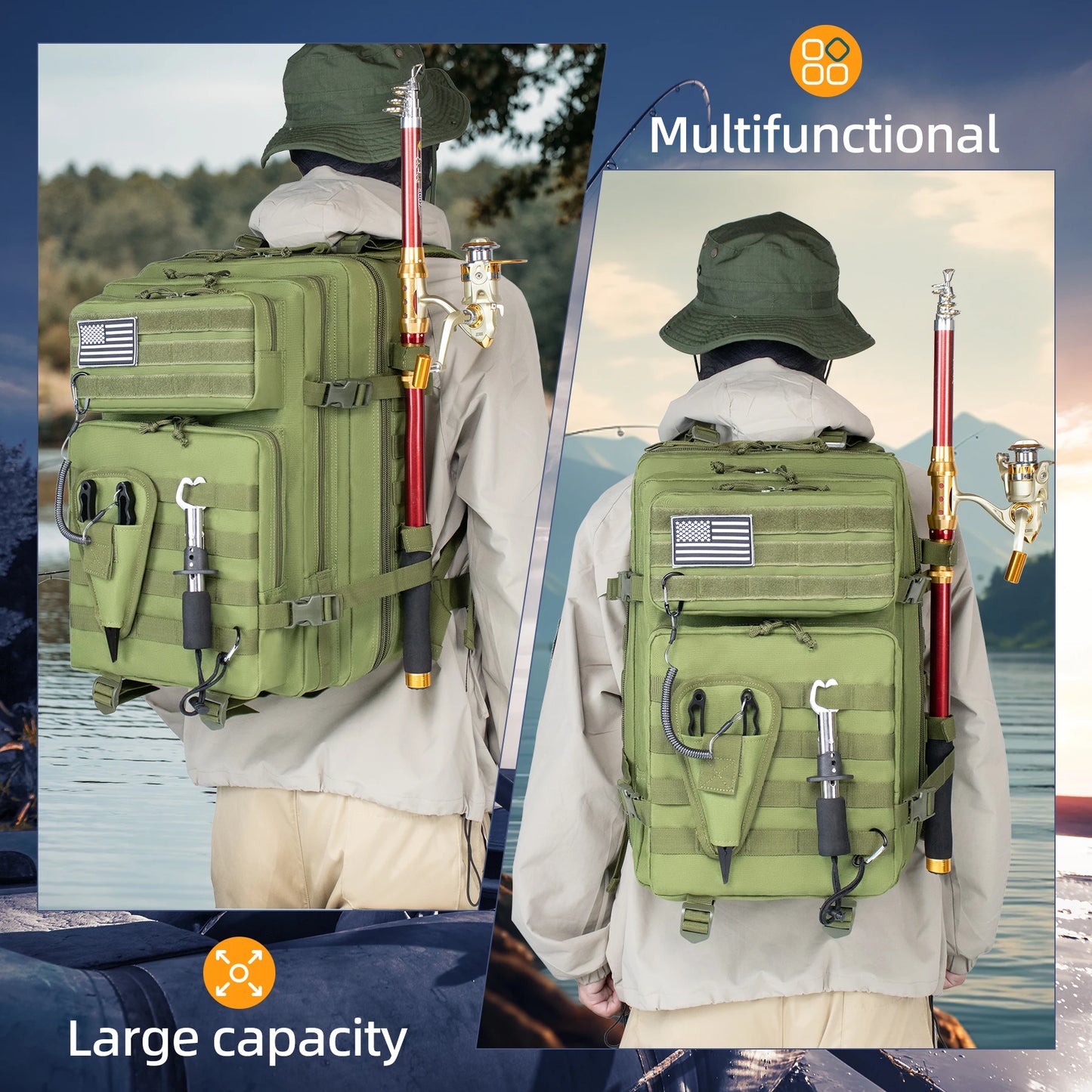 Large Capacity 45L Waterproof Tactical Backpack for Men Outdoor Fishing Hunting