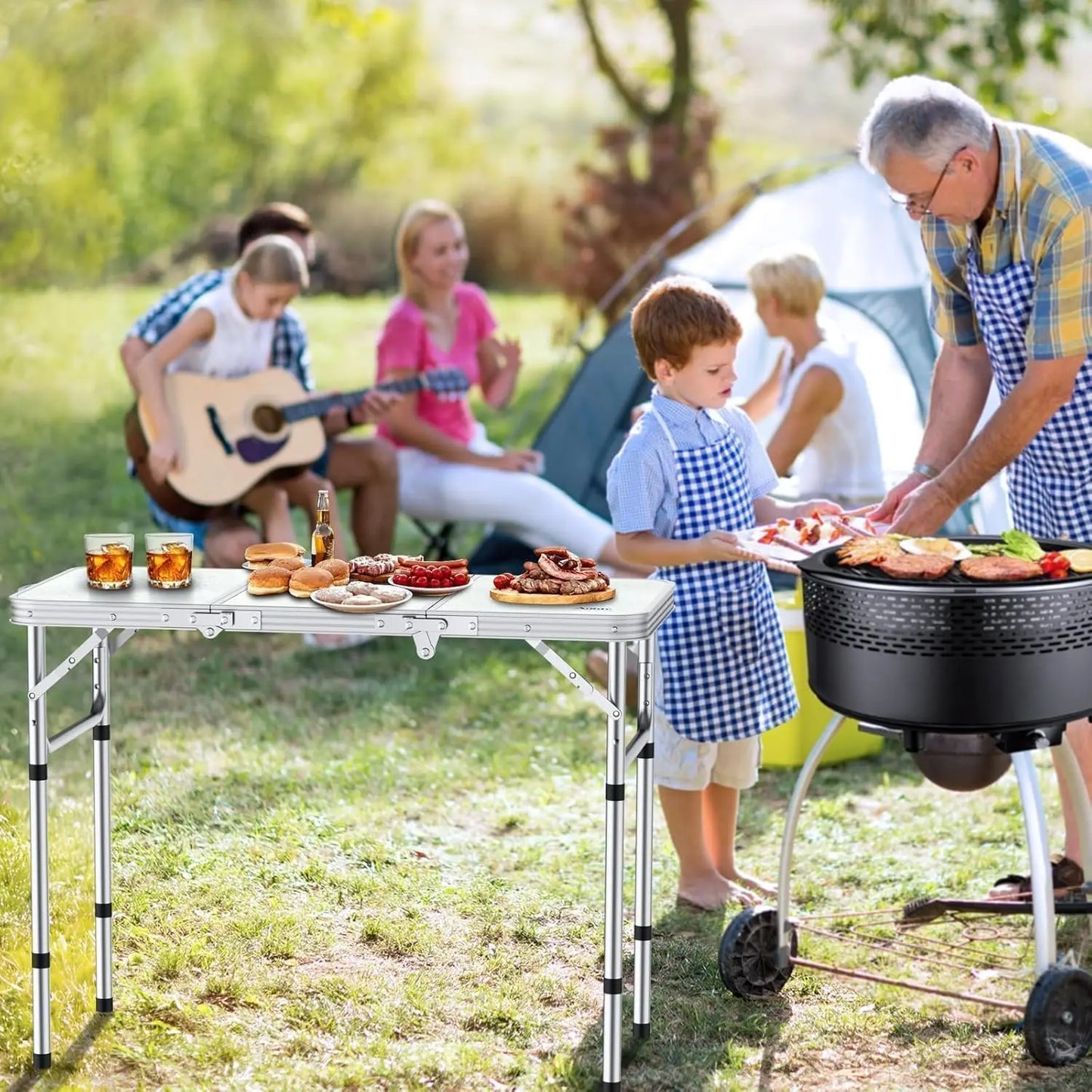 Portable 3ft Folding Camping Table with Adjustable Height and Storage Net