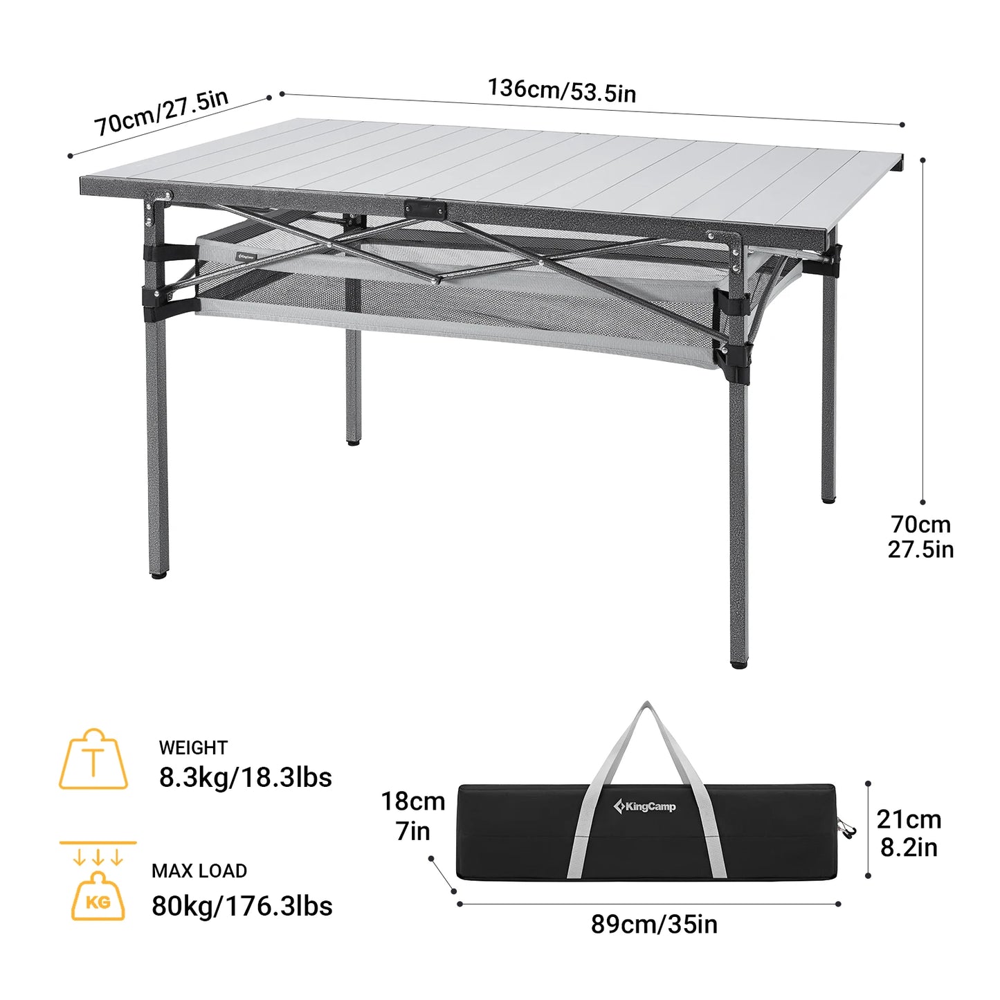 KingCamp Folding Camping Table Lightweight Aluminum with Net Pocket for Outdoor Use