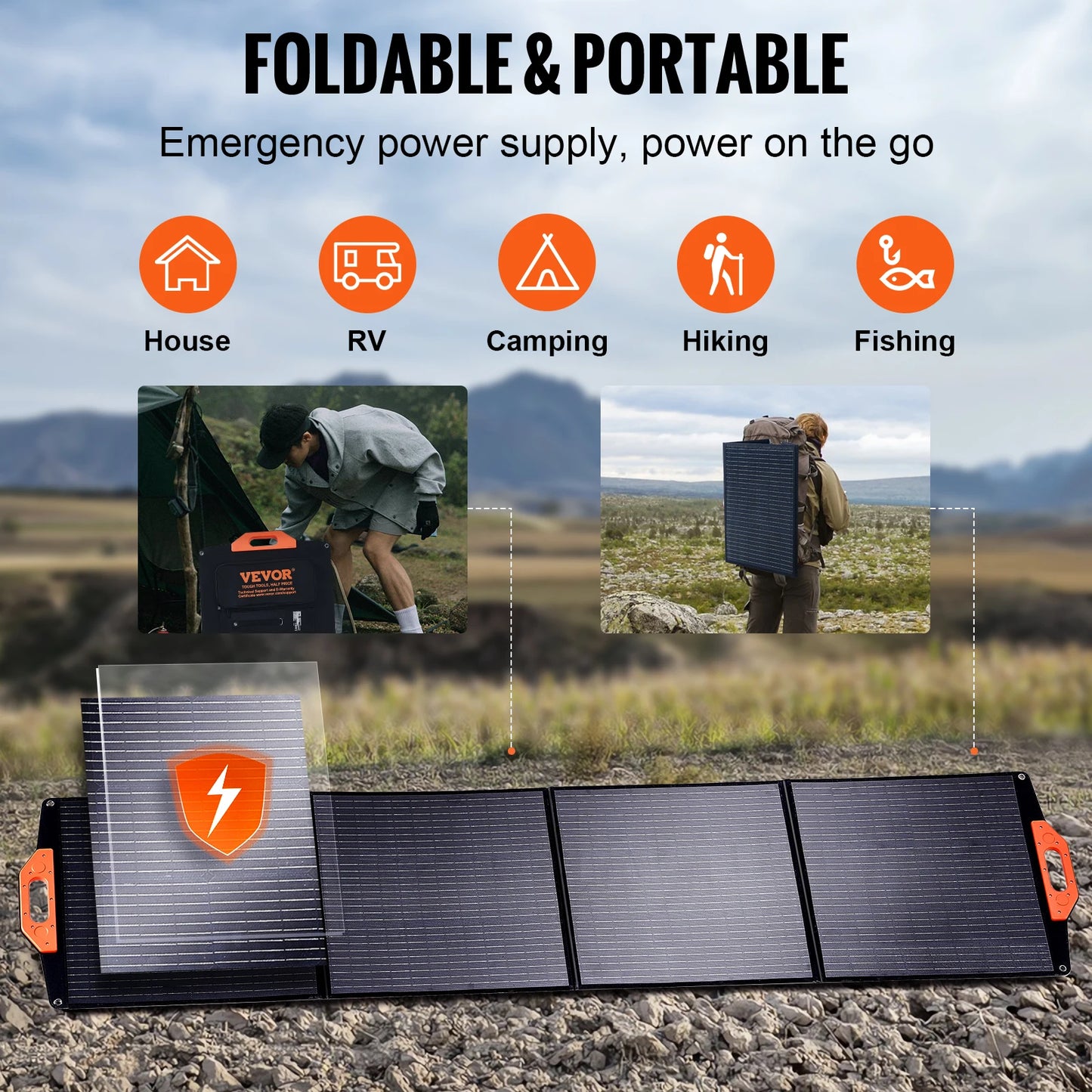 VEVOR Portable 200W Monocrystalline Solar Panel for Camping and Hiking