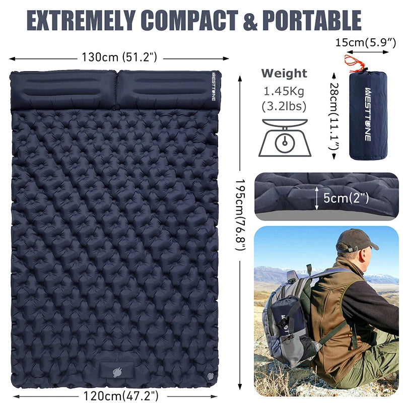 WESTTUNE Double Inflatable Mattress with Built-in Pillow for Outdoor Camping