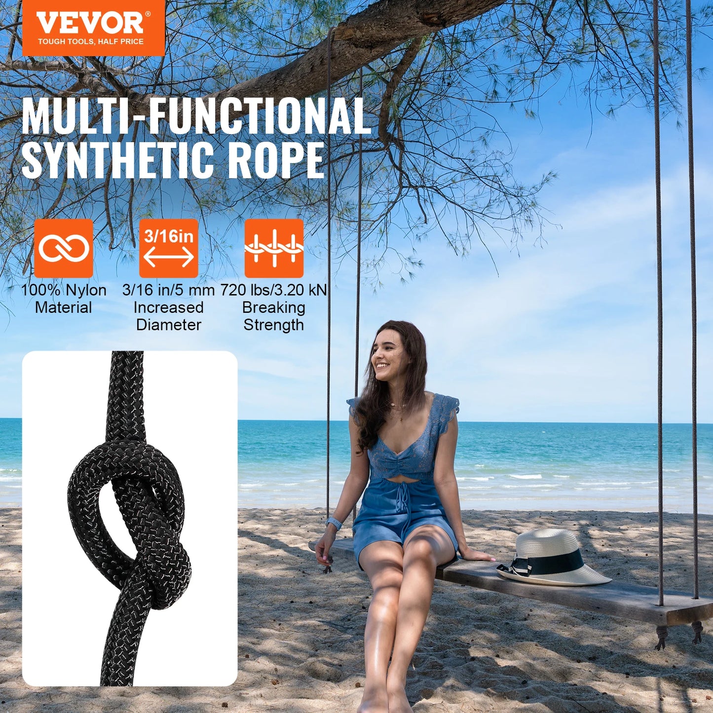 VEVOR 3/16 Inch Nylon Cord 250/1000ft Multi-Purpose Rope for Outdoor Use