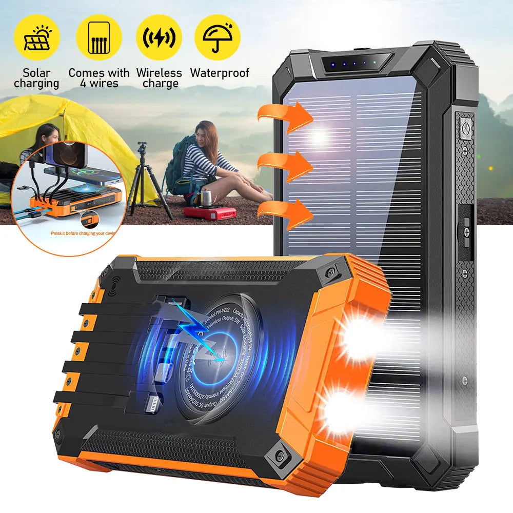 Solar Power Bank Ultra Large Capacity 4 in 1 Fast Charging with Built in Cables