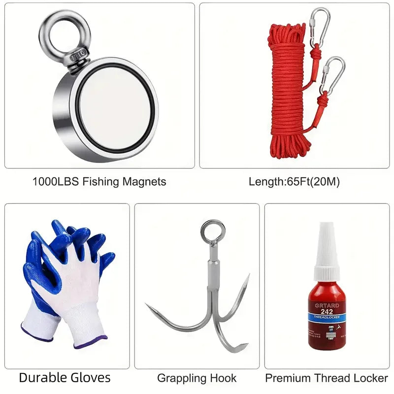 Grtard 1000LBS Double Sided Neodymium Fishing Magnet Kit with 20m Rope