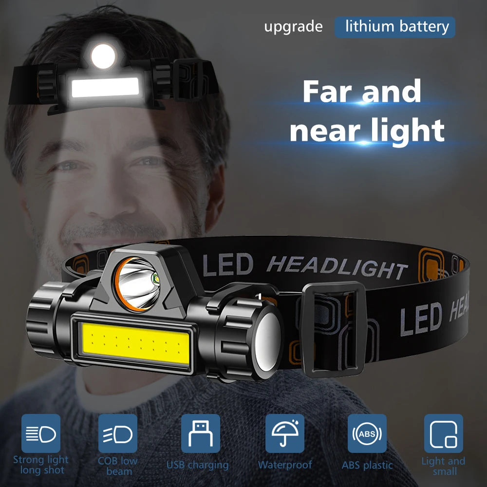 2pcs USB Fast Rechargeable 90W LED Headlamp Dual Light Source for Work and Fishing