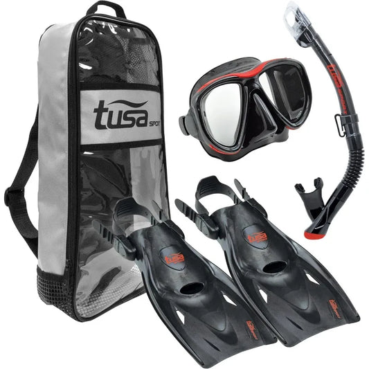 TUSA Sport Adult Powerview Mask Dry Snorkel Fins Travel Set for Underwater Adventures