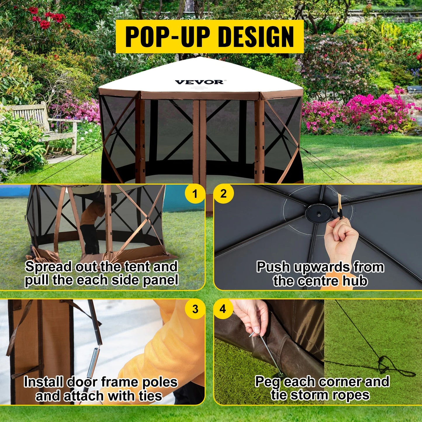 VEVOR Pop-Up Camping Gazebo 12x12 10x10 Six Sided Canopy Shelter for Outdoors
