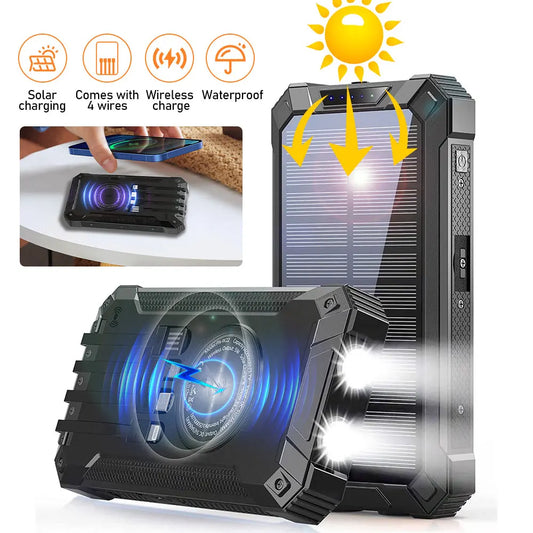 Solar Power Bank Ultra Large Capacity 4 in 1 Fast Charging with Built in Cables