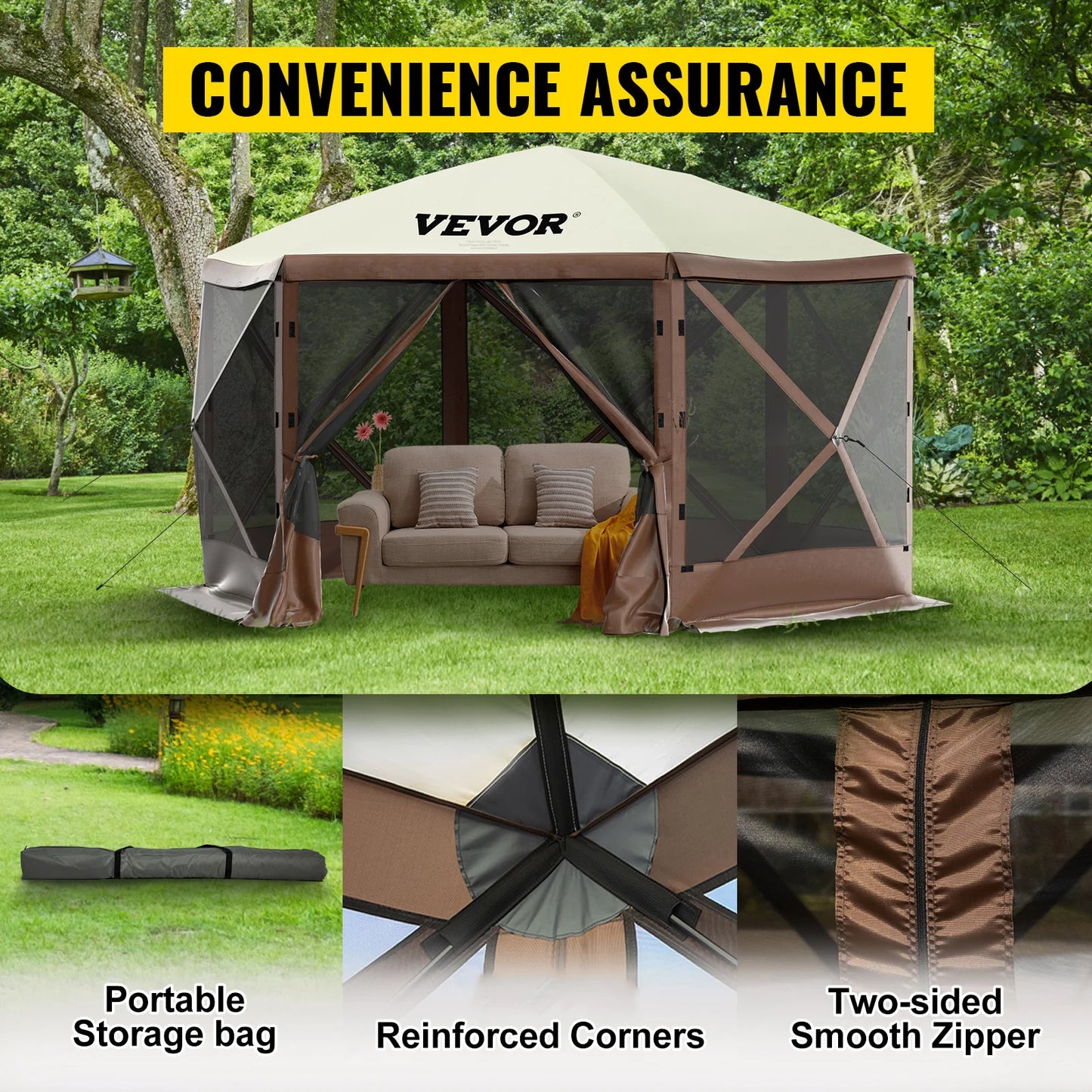 VEVOR Pop-Up Camping Gazebo 12x12 10x10 Six Sided Canopy Shelter for Outdoors