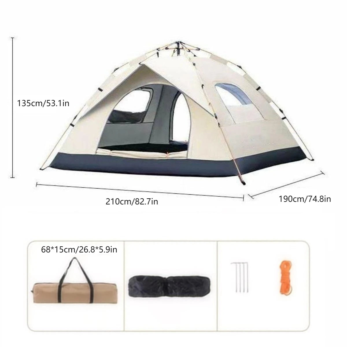 Outdoor Sunshade Camping Tent with Two Doors and Windows for 3-4 People