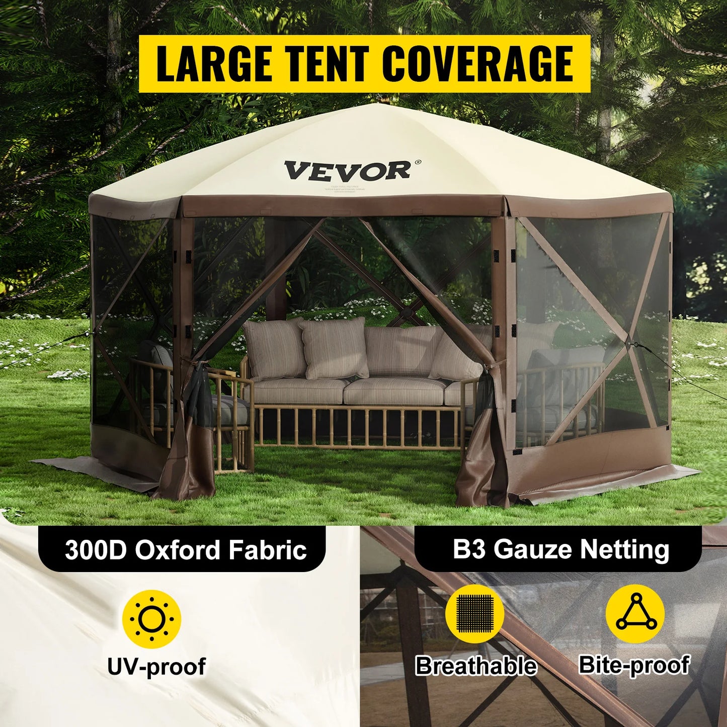 VEVOR Pop-Up Camping Gazebo 12x12 10x10 Six Sided Canopy Shelter for Outdoors