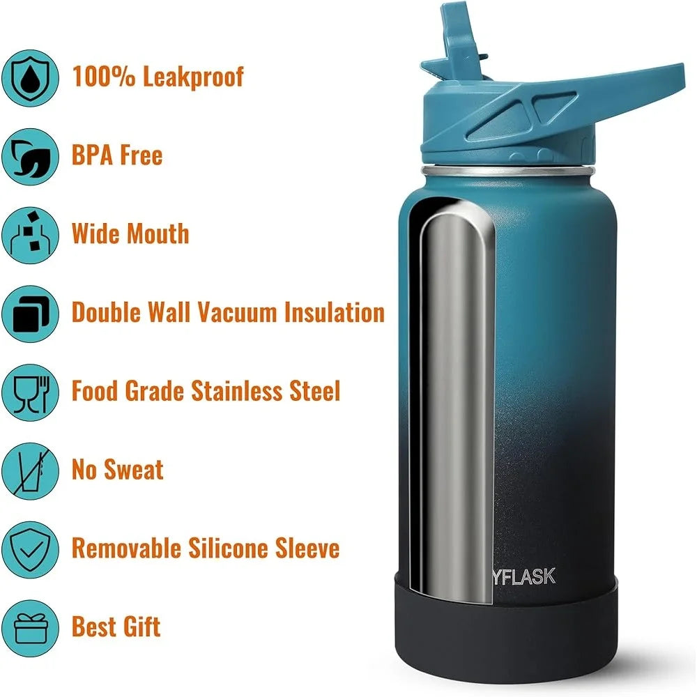 32oz Insulated Stainless Steel Water Bottle with Straw and Leakproof Lids