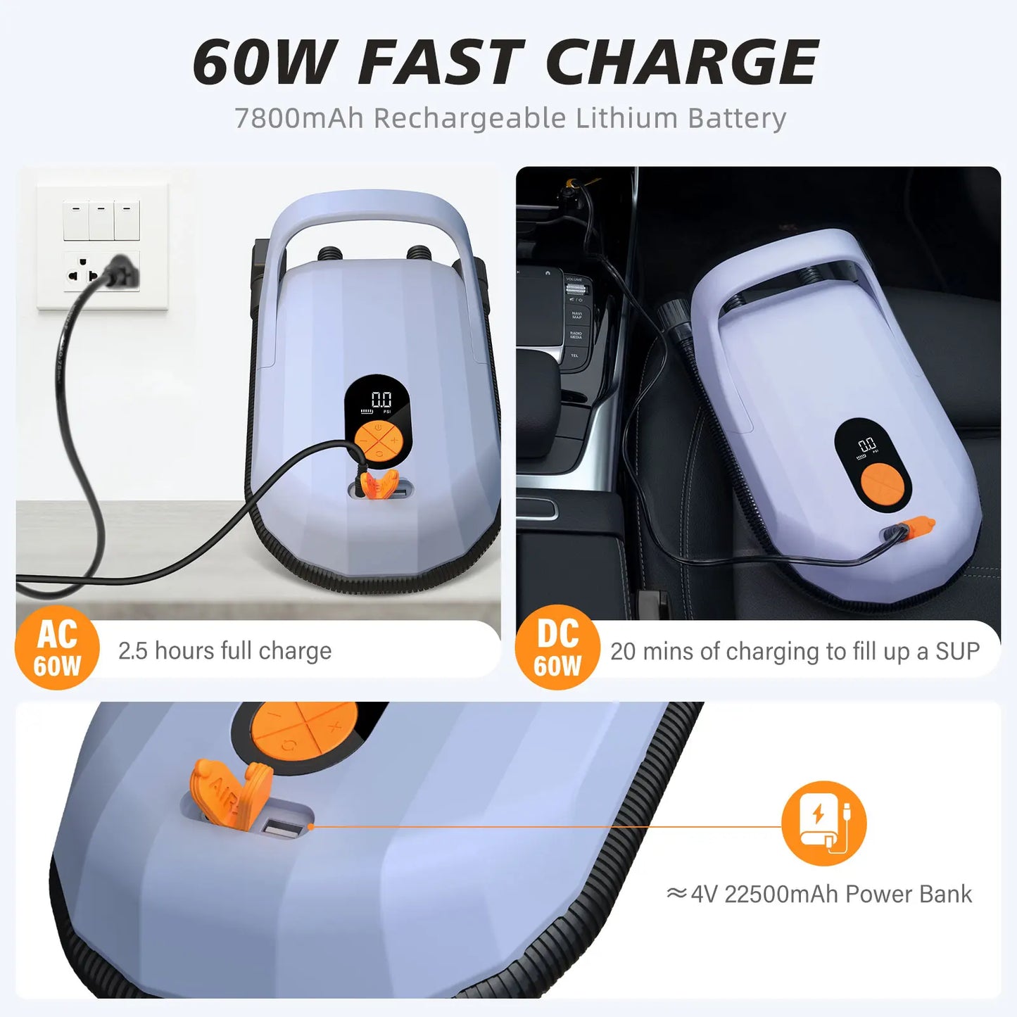 Airbank SUP Electric Air Pump 7800 mAh 20 PSI Rechargeable for Boards and Kites