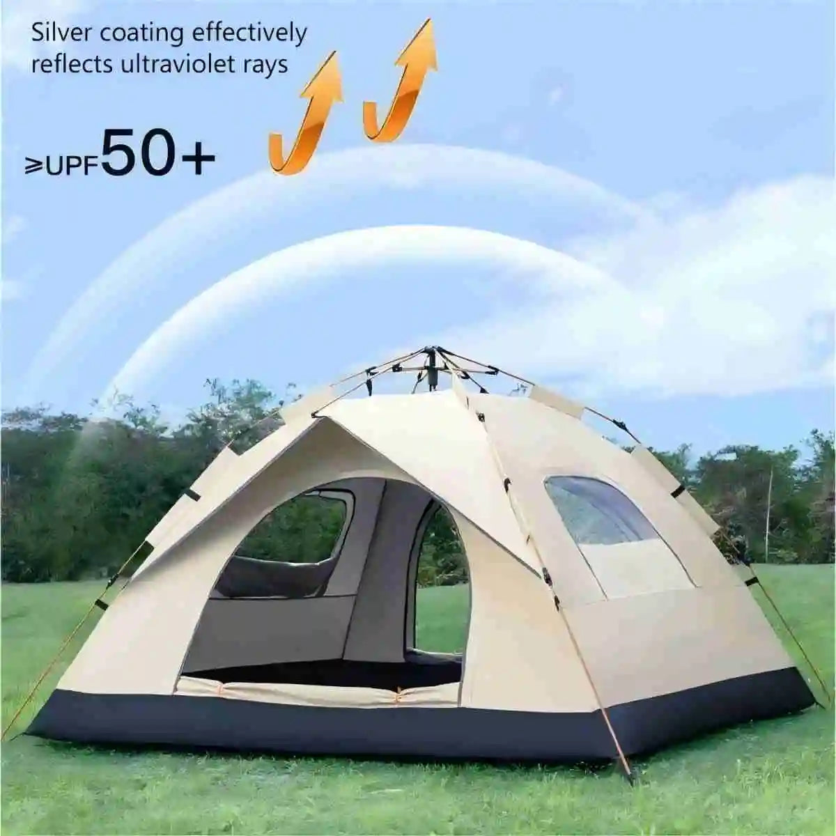 Outdoor Sunshade Camping Tent with Two Doors and Windows for 3-4 People