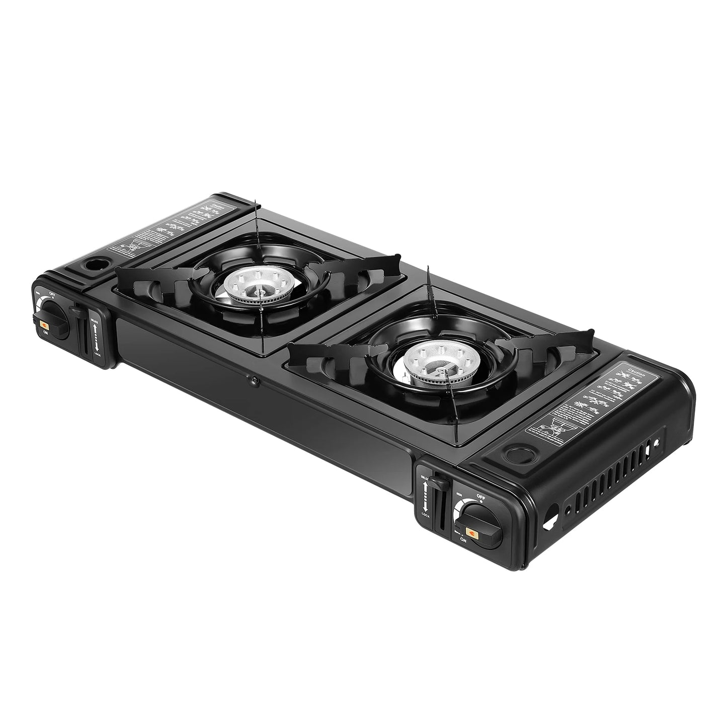 Portable Dual Burner Camping Stove with Grill Tray and Storage Case for Outdoor Cooking