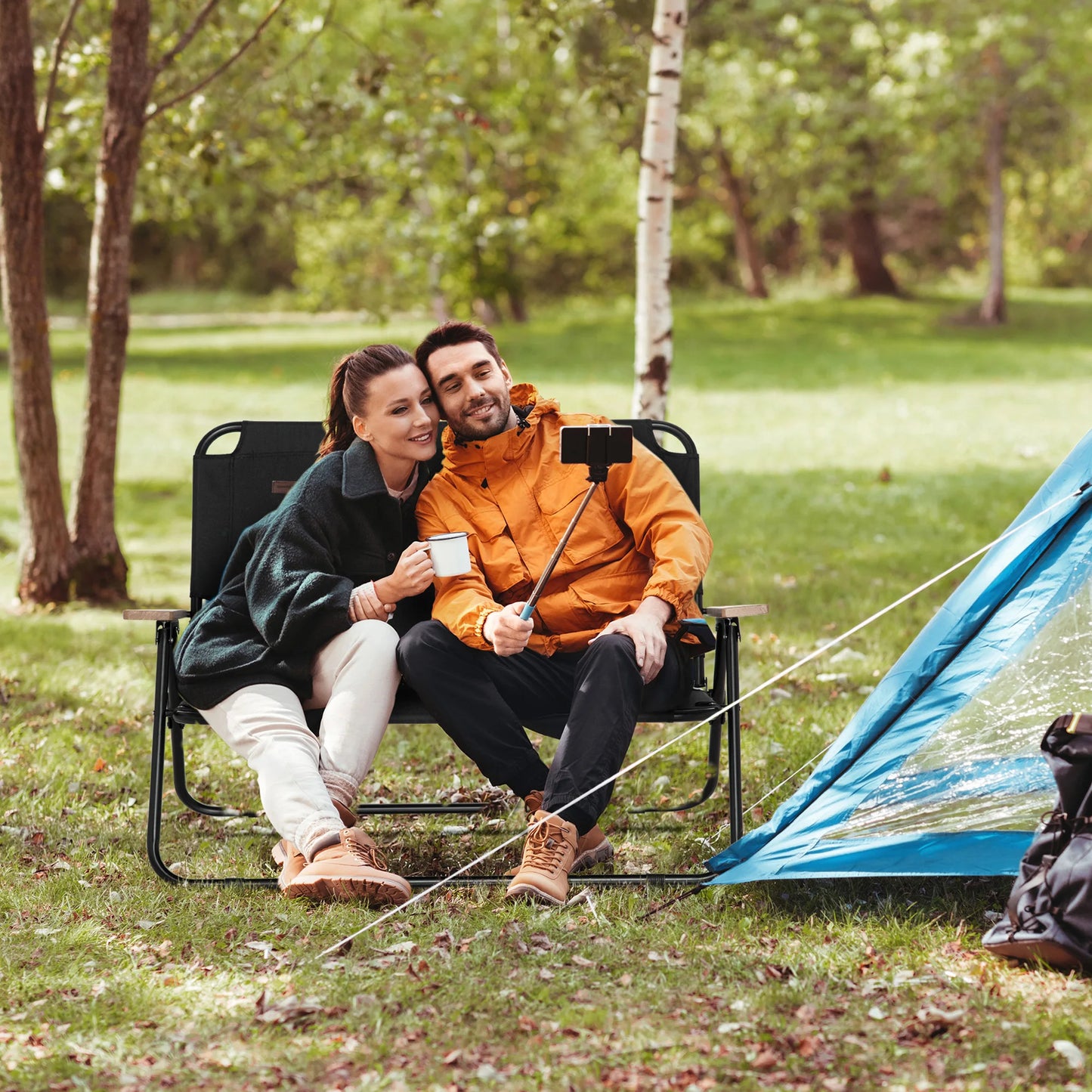 Double Folding Loveseat Camping Chair with Armrests and Cup Holder Black
