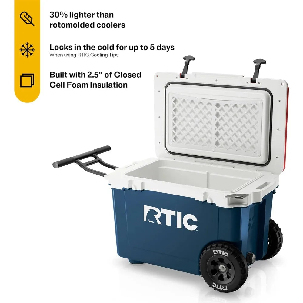 52 Quart Ultra-Light Wheeled Hard Cooler Insulated Portable Ice Chest Box for Beach, Drink, Beverage, Camping, Picnic, Fishing