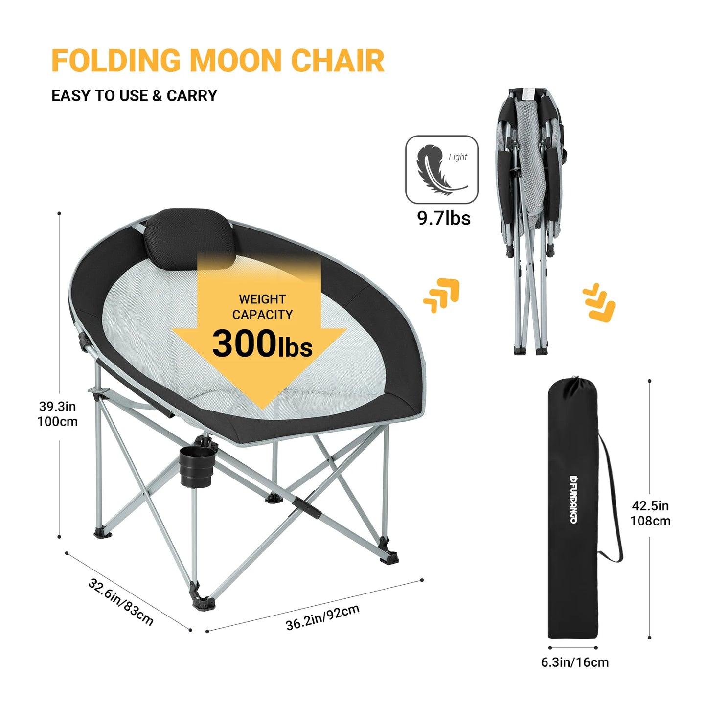 FUNDANGO Oversized Folding Camping Chair with Headrest and Cup Holder