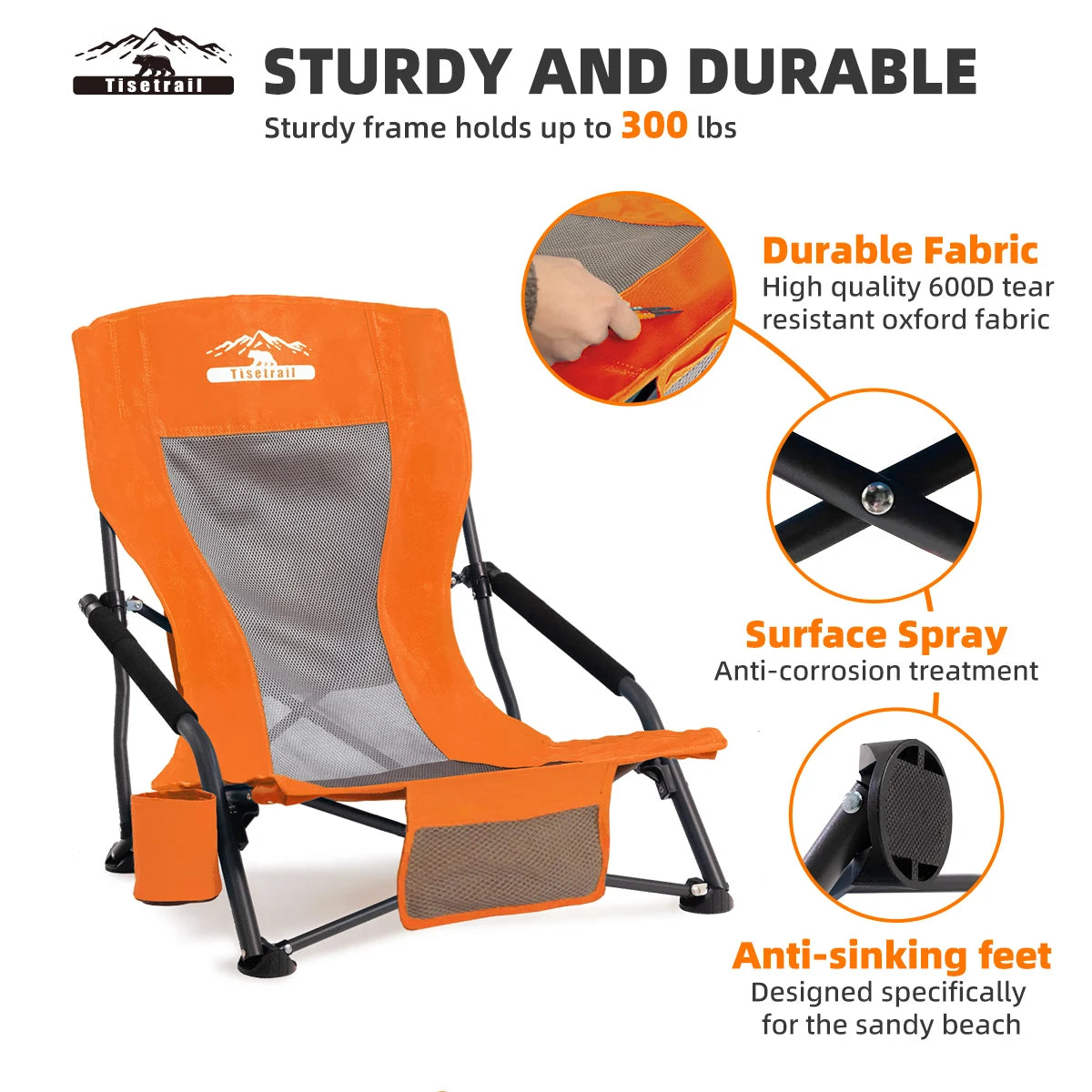 Tisetrail Portable Beach Chair with Cup Holder Lightweight Folding Orange Chair