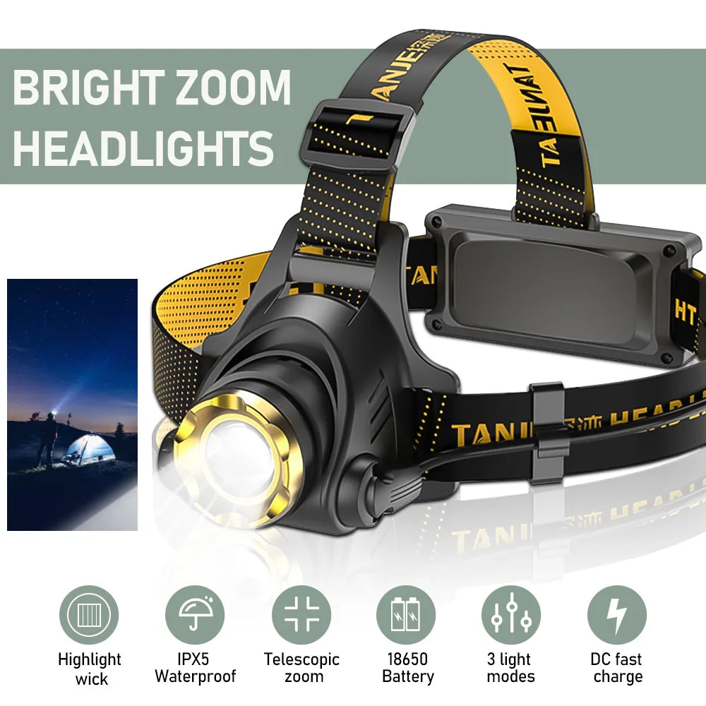 USB Rechargeable LED Headlamp with Adjustable Beam for Camping and Hiking