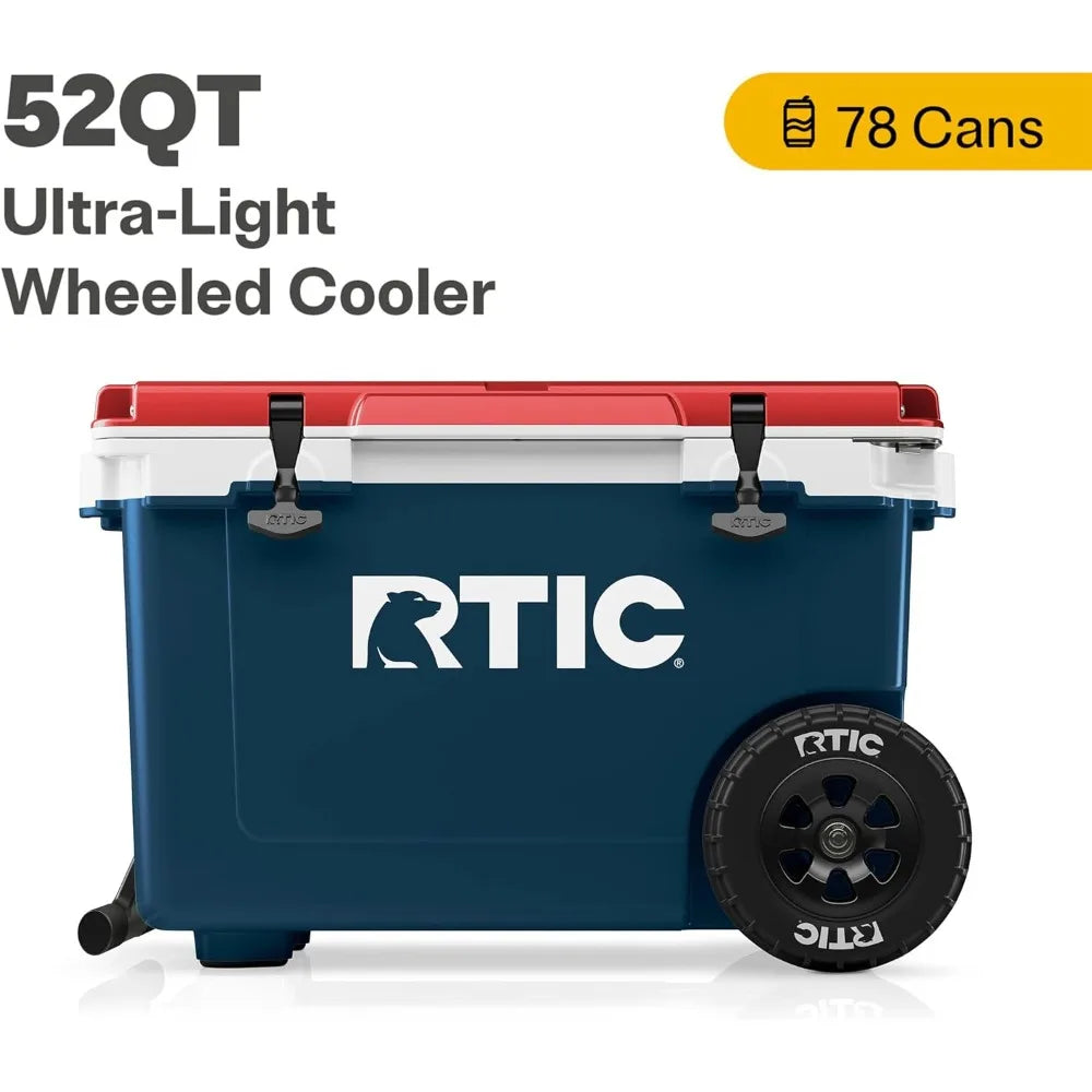 52 Quart Ultra-Light Wheeled Hard Cooler Insulated Portable Ice Chest Box for Beach, Drink, Beverage, Camping, Picnic, Fishing