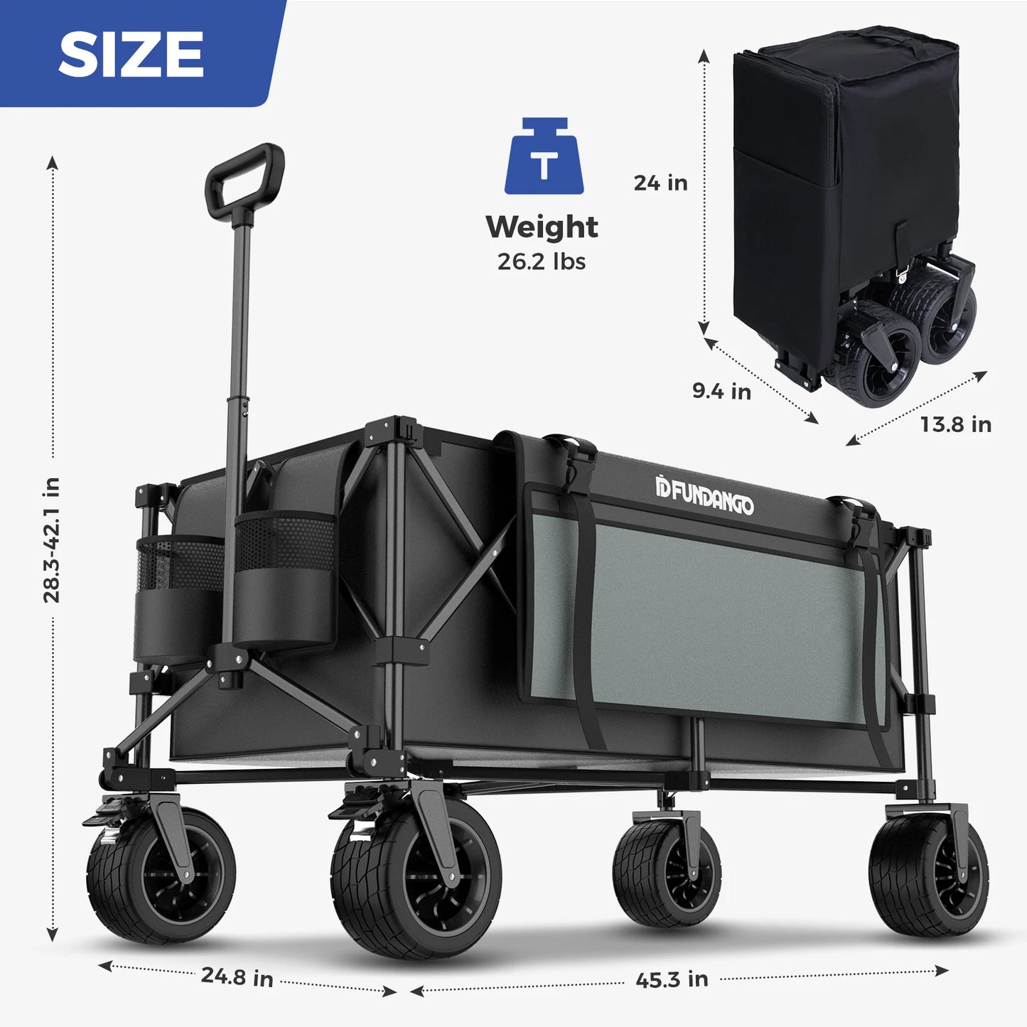 FUNDANGO Foldable Camping Van Portable Table with Large Wheels and Side Pockets