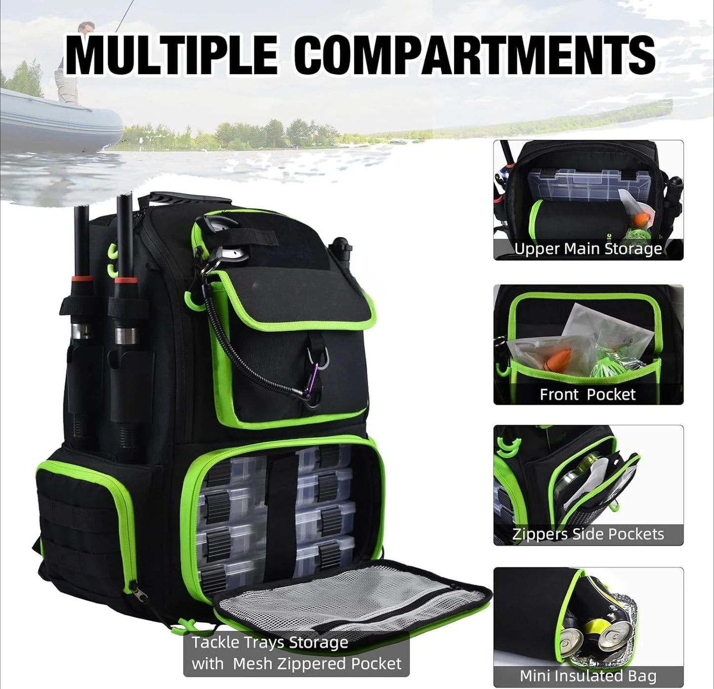 Fishing Tackle Backpack with Rod Holders Tackle Boxes Rain Cover and Insulated Bag