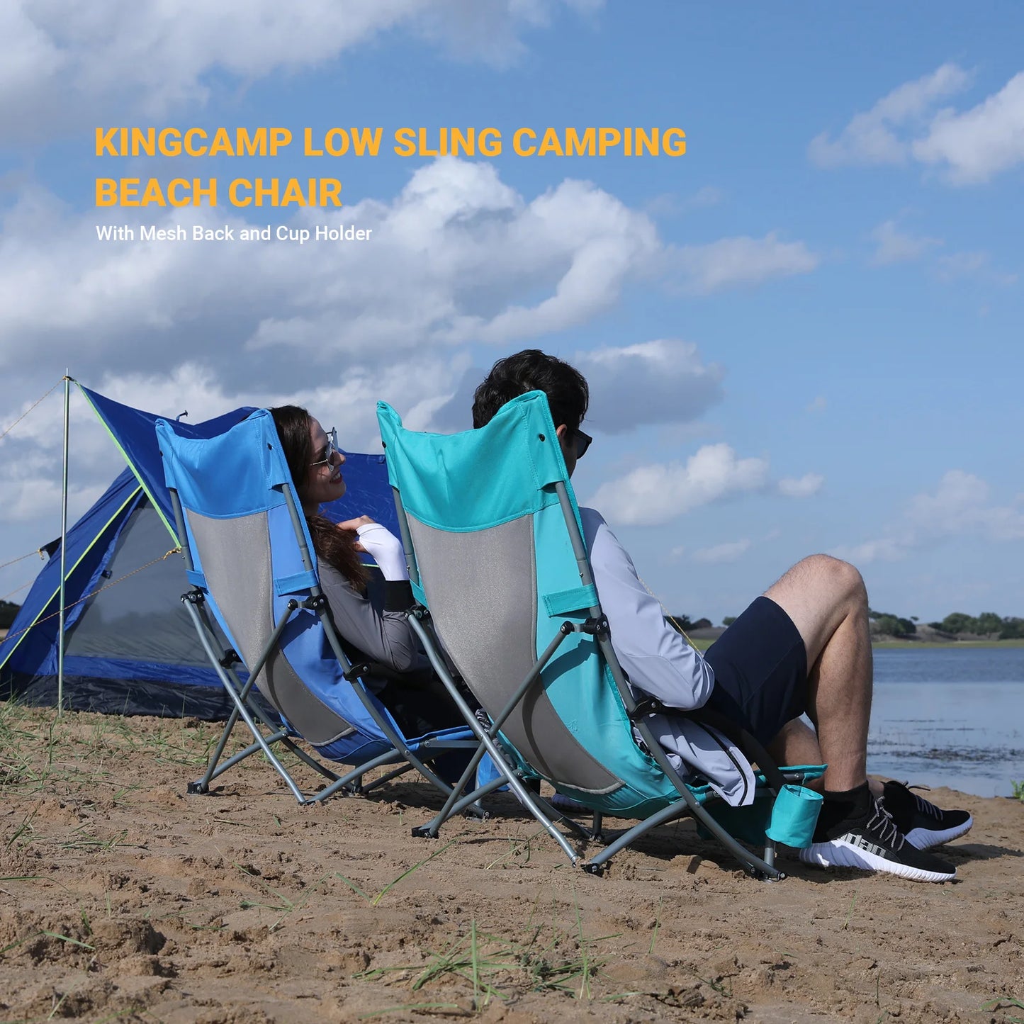 KingCamp Low Seat Folding Beach Chair with Armrests and Cup Holder