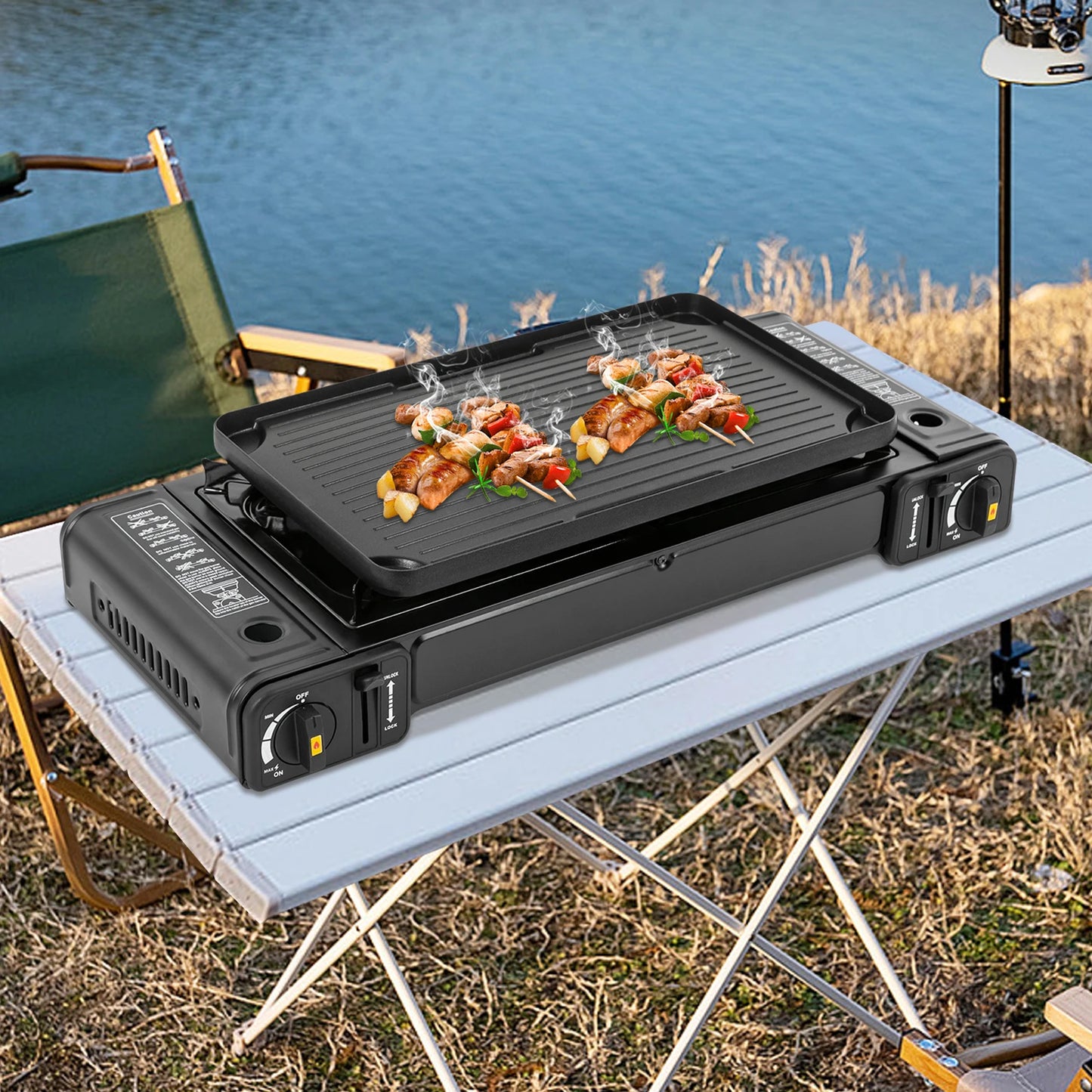 Portable Dual Burner Camping Stove with Grill Tray and Storage Case for Outdoor Cooking
